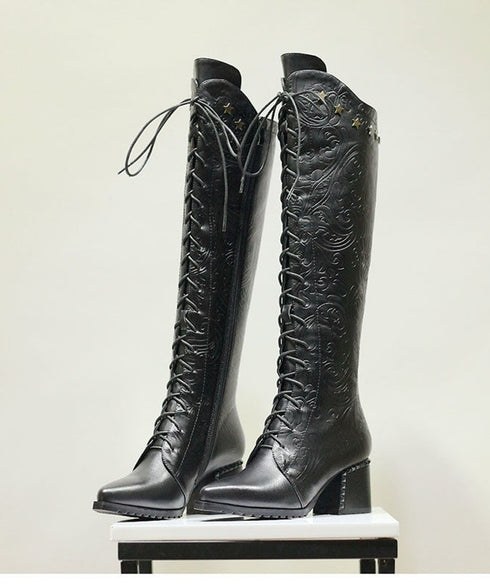 Embossed Lace-Up Tall Boots